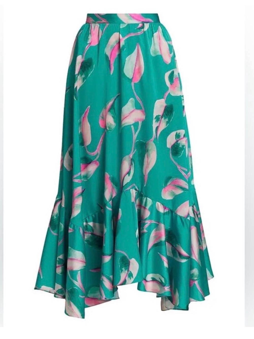 PATBO Teal Pandola Printed Handkerchief Hem Midi Swing Crepe Skirt. Size 2